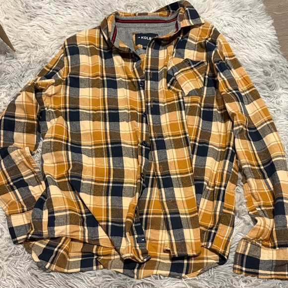 Other - Yellow Navy Plaid Flannel Shirt - Men's Casual Button-Up